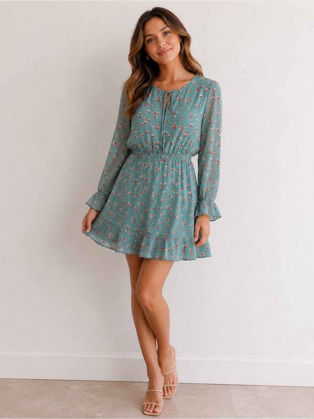 Forever 21 Teal Floral Long Sleeve Mini Dress